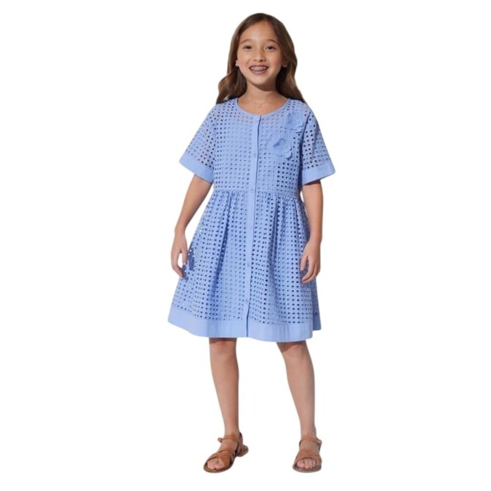 Natori Girls Blue Eyelet Button Front Dress Short Sleeve 10 Floral Spring Summer
